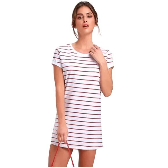 Lulus Women Cafe Society White and Red Short Sleeve Striped Shirt Dress Large - Picture 1 of 4